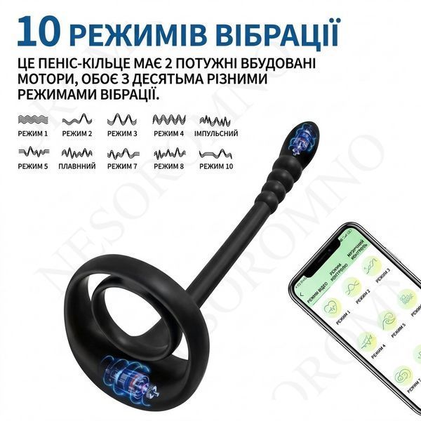 Кільце ерекційне силіконове з масажером простати 10 режимів вібрації водостійке Чорне X00001336 фото