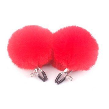 Затискачі для сосків із хутром "Pom Pom Nipple Clamps" - Червоний - Садо-мазо X0000521-2 фото