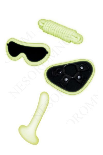 Набір БДСМ люмінесцентний Whipsmart Glow In The Dark страпон, маска на очі та мотузка WS160723 фото