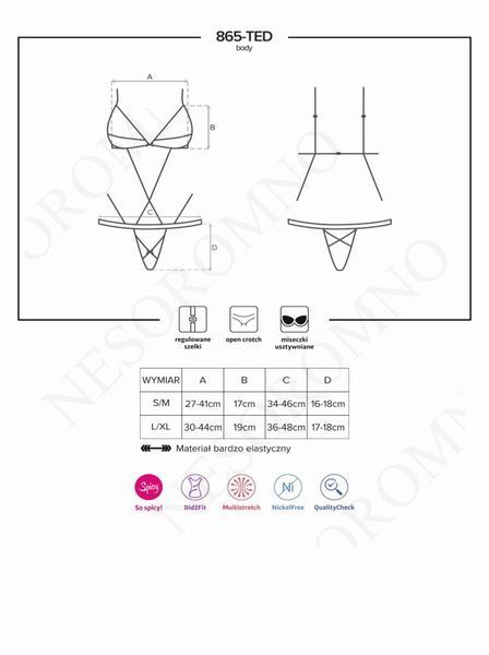 Боді з тонкими стрепами та мереживними вставками Obsessive 865-TED-1 чорний, L/XL 410814 фото