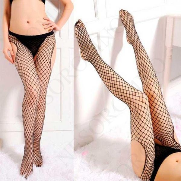 Колготи-панчохи у велику сітку з відкритим доступом і вирізами на стегнах - Чорний - S/M/L- Еротична білизна X00000243-1 фото