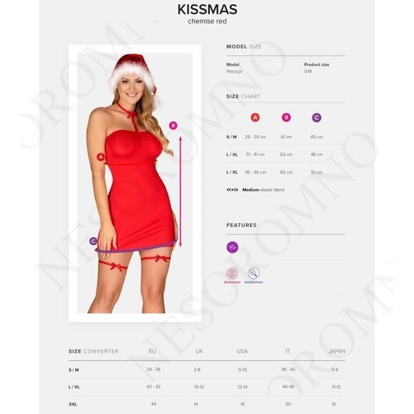 Комплект-плаття і шапка Санти Obsessive Kissmas chemise, червоний, XXL 410758 фото