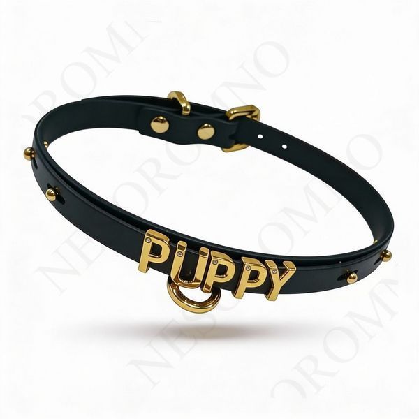 Чокер з написом PUPPY від UPKO з італійської шкіри, чорний із золотою фурнітурою UPK08519 фото