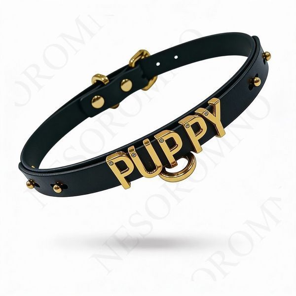 Чокер з написом PUPPY від UPKO з італійської шкіри, чорний із золотою фурнітурою UPK08519 фото