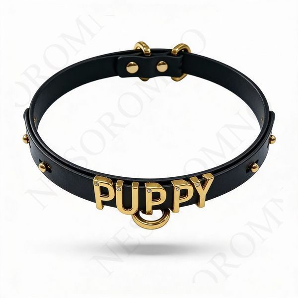 Чокер з написом PUPPY від UPKO з італійської шкіри, чорний із золотою фурнітурою UPK08519 фото