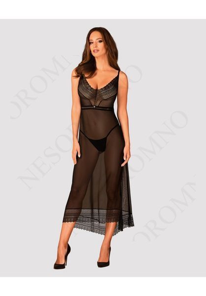 Пеньюар довгий Obsessive Estiqua з відкритою спиною, чорний, M/L 411383 фото