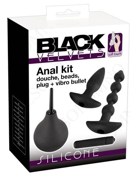 Анальний сет Black Velvet Anal Kit (анальна пробка, анальні намиста, віброкуля, анальний душ), чорний 583464 фото