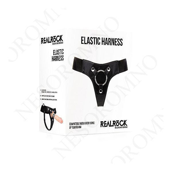 Трусики для страпона REALROCK Elastic Harness з кільцем, шкіряні, чорні, One Size (S-XL) 11744 /REA045 фото
