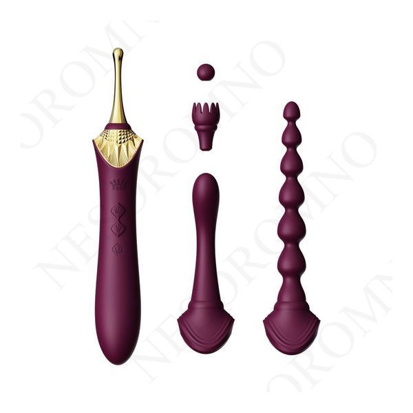 Вібратор двосторонній універсальний ZALO BESS 2 Velvet Purple з 4 насадками та нагріванням, фіолетовий ZL03102 фото