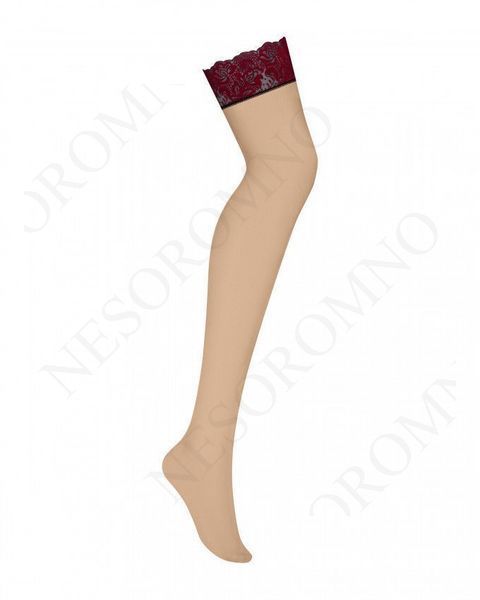 Панчохи під пояс із оксамитовою коронкою Obsessive Sugestina L/XL Natural/red 411082 фото
