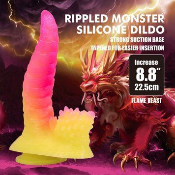 Фалоімітатор силіконовий Power Monsters Flame Beast на присоску, градієнт рожево-жовтий, 22,5 см BW-008146 фото