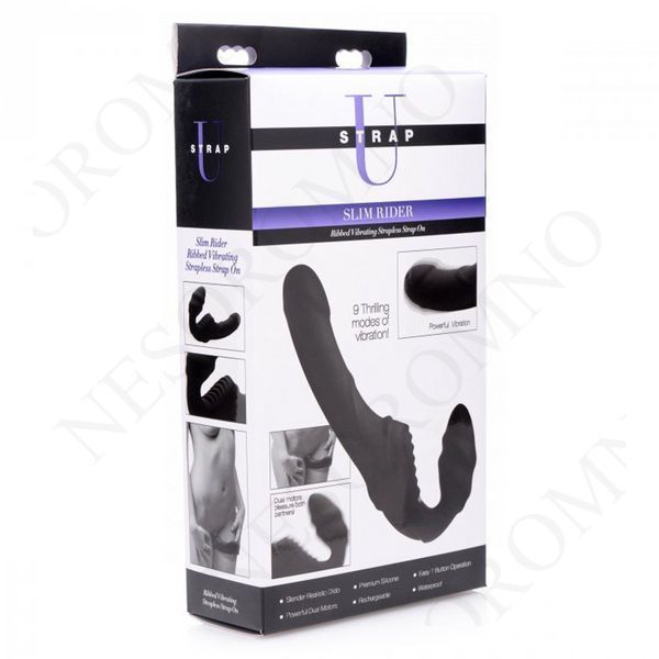 Жіночий вібрострапон Slim Rider Ribbed Ribbed Vibrating Silicone Strapless Strap On, чорний AF840 фото