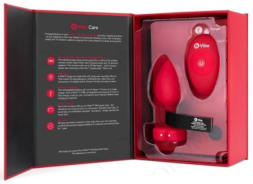 Анальна пробка з вібрацією і пультом управління B-Vibe Vibrating Heart Plug M/L Red 54015770000 фото