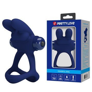 Ерекційне віброкільце PRETTY LOVE Powerful Ring подвійне, з вушками для клітора, синє, 8.7 х 3.3 см BI-210320 фото