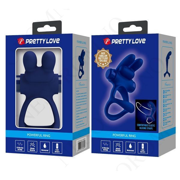 Ерекційне віброкільце PRETTY LOVE Powerful Ring подвійне, з вушками для клітора, синє, 8.7 х 3.3 см BI-210320 фото