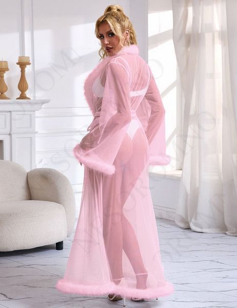 Халатик напівпрозорий Star Night з імітацією хутра та поясом, рожевий, XL-2XL R81759-4/XL/2XL фото