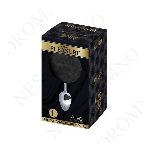 Анальна пробка Alive Anal Pleasure L з чорним хутром, срібляста, 9 х 4 см AL70383 фото