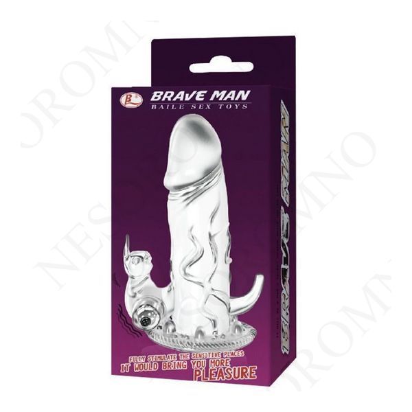 Насадка на член Baile Brave Man з вібрацією, прозора, 18 х 4 см 10221 /BI-026204 фото
