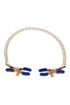 Золотисті затискачі для сосків Sex & Mischief Cougar Chained із синіми наконечниками SM830635 фото